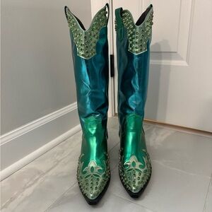 Azalea Wang Knox Metallic Western Boots Rhinestone Blue Green Size 7.5